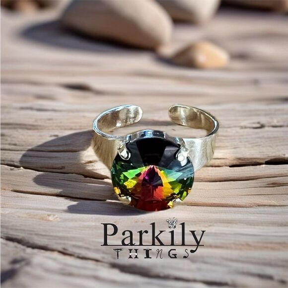 Handcrafted sparkly ring made with medium vitrail Swarovski crystal adjustable - Picture 2 of 6